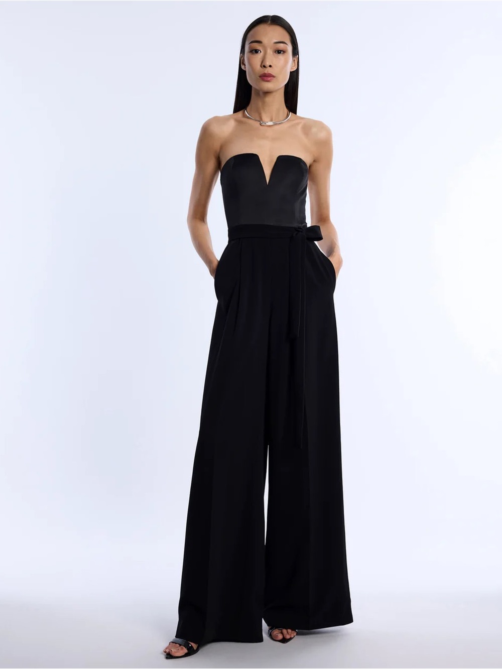 BCBGMaxAzria Black Strapless Sweetheart Wide-Leg Jumpsuit